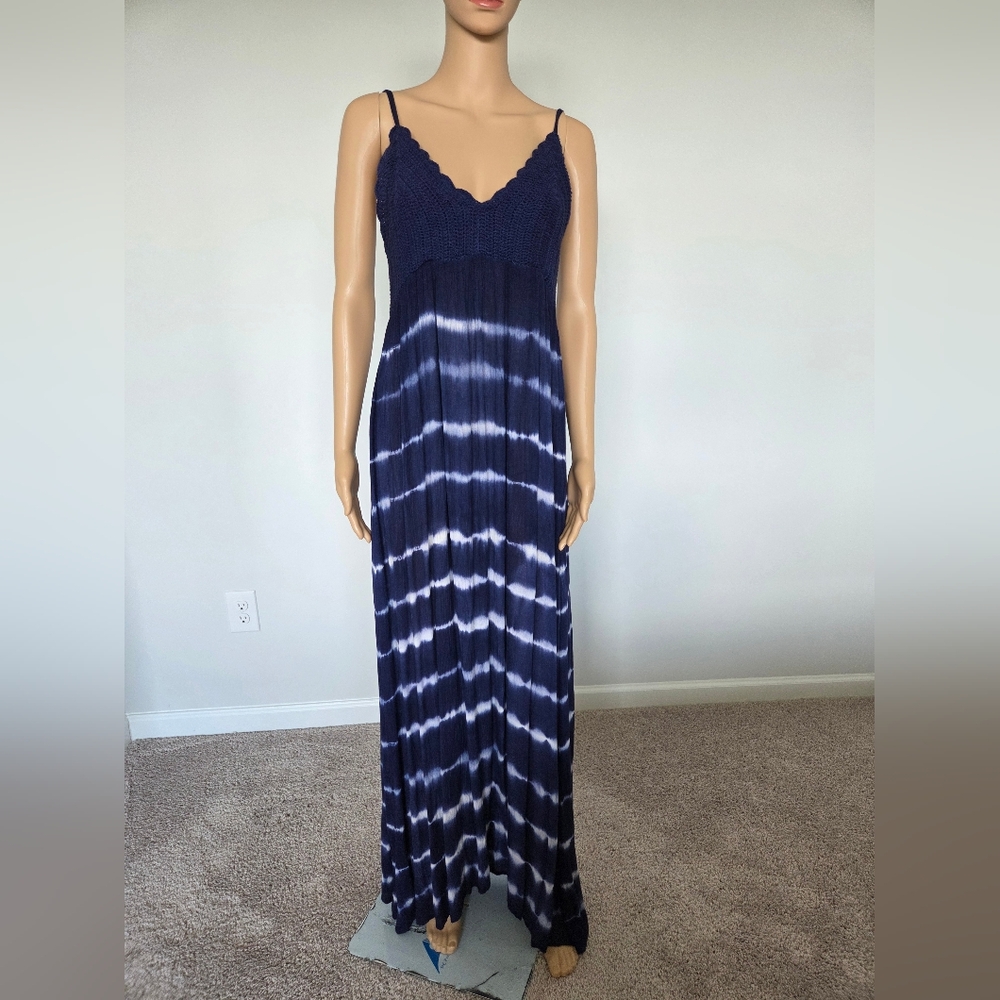 Beach By Exist Blue and White Sleeveless Maxi Sundress Crochet Top